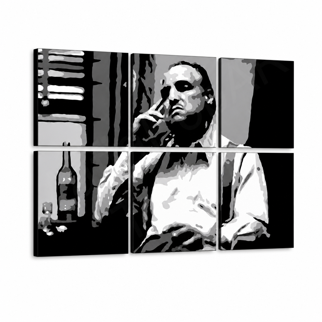 Kézzel festett POP Art festmény MARLON BRANDO 6-részes mb9 – 3D látvány a kézzel festett vászonról fehér háttéren. Domináns színek: fekete, fehér, szürke.