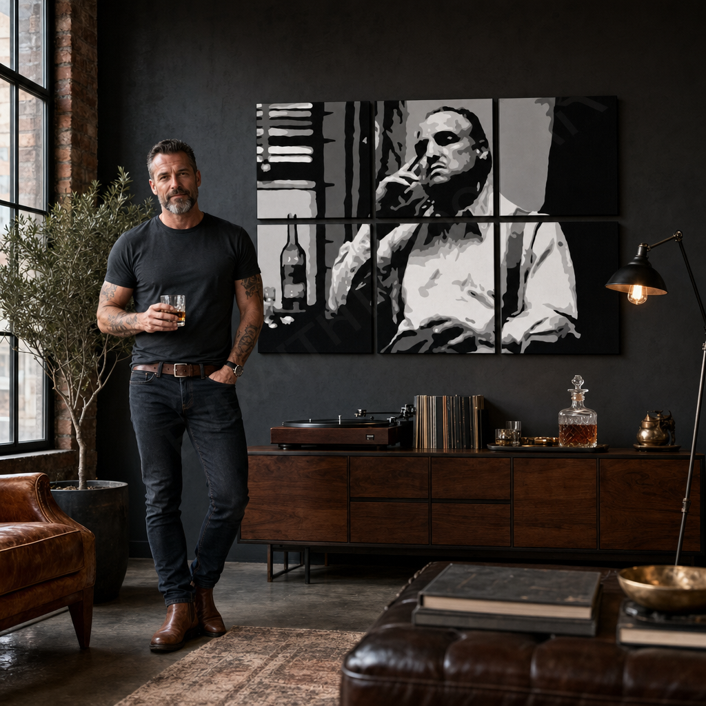 Kézzel festett POP Art festmény MARLON BRANDO 6-részes mb9 – kép modern férfi belső térben, lifestyle vizualizáció. Domináns színek: fekete, fehér, szürke.