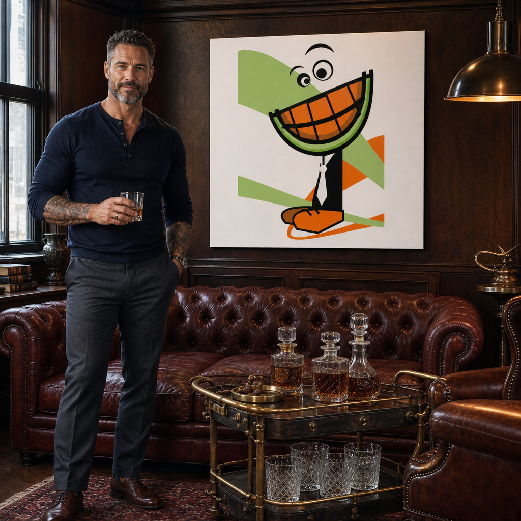 Kézzel festett POP Art festmény MELON 1 darab dinnye – kép modern férfi belső térben, lifestyle vizualizáció. Domináns színek: narancssárga, zöld, fekete, fehér, barna.