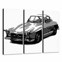 Kézzel festett POP Art festmény MERCEDES SL300 3 darab mer – 3D látvány a kézzel festett vászonról fehér háttéren. Domináns színek: fekete, fehér, szürke.