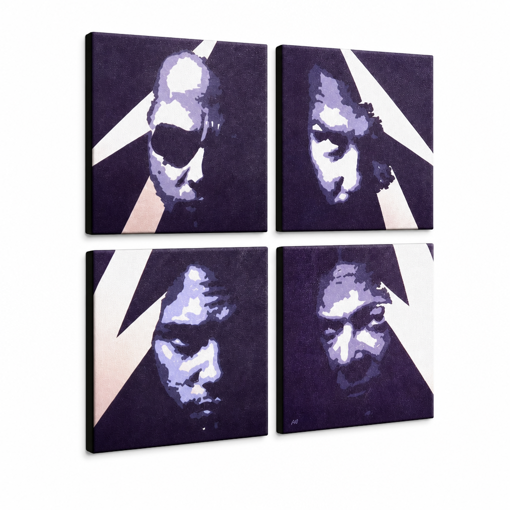Kézzel festett POP Art festmény METALLICA 4 darab fém – 3D látvány a kézzel festett vászonról fehér háttéren. Domináns színek: lila, kék, fekete, bézs, fehér.
