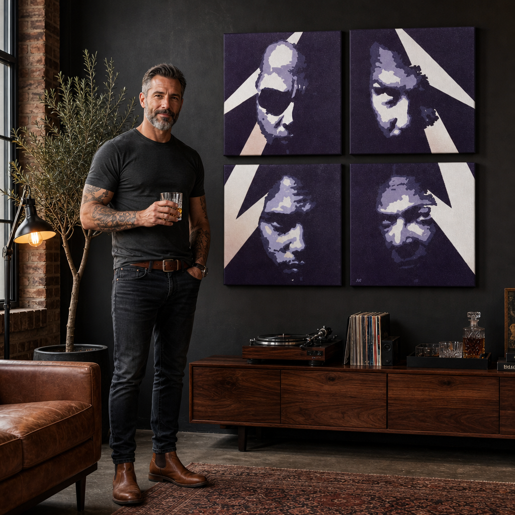 Kézzel festett POP Art festmény METALLICA 4 darab fém – kép modern férfi belső térben, lifestyle vizualizáció. Domináns színek: lila, kék, fekete, bézs, fehér.
