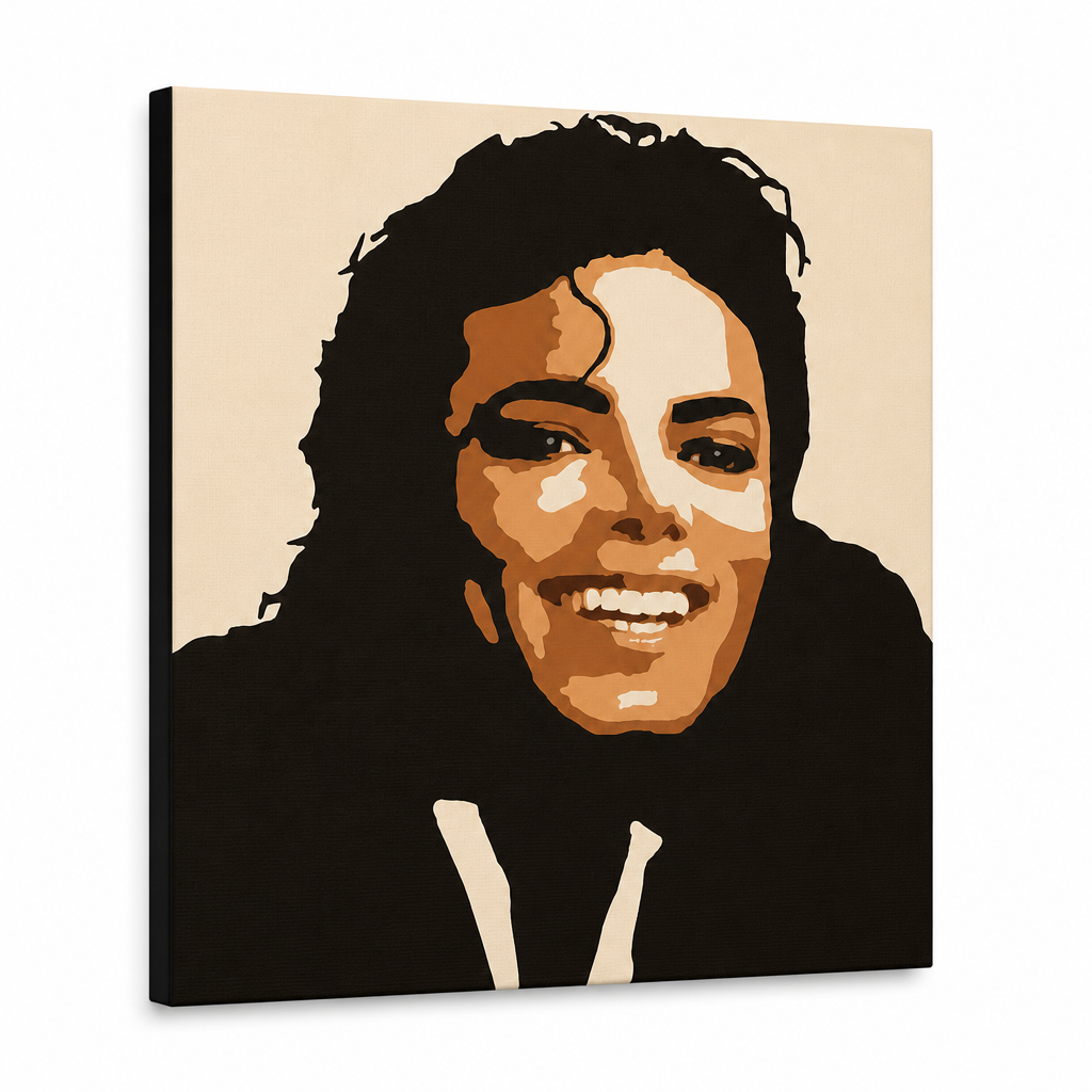 Kézzel festett POP Art festmény Michael Jackson 1 darab mj6 – 3D látvány a kézzel festett vászonról fehér háttéren. Domináns színek: barna, narancssárga, fekete, bézs.