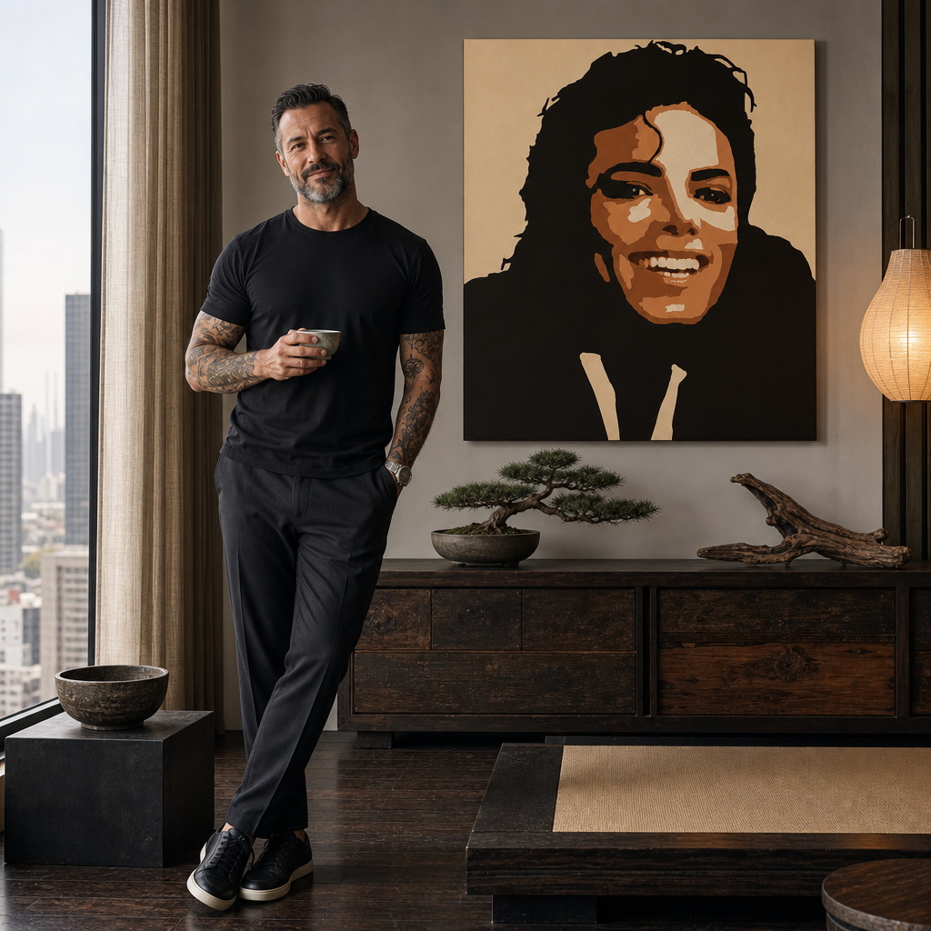 Kézzel festett POP Art festmény Michael Jackson 1 darab mj6 – kép modern férfi belső térben, lifestyle vizualizáció. Domináns színek: barna, narancssárga, fekete, bézs.