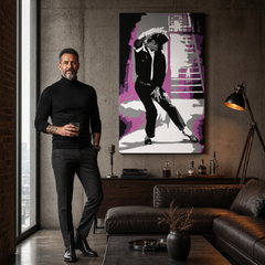 Kézzel festett POP Art festmény Michael Jackson 1 db mj3 – kép modern férfi belső térben, lifestyle vizualizáció. Domináns színek: fekete, rózsaszín, szürke, fehér.