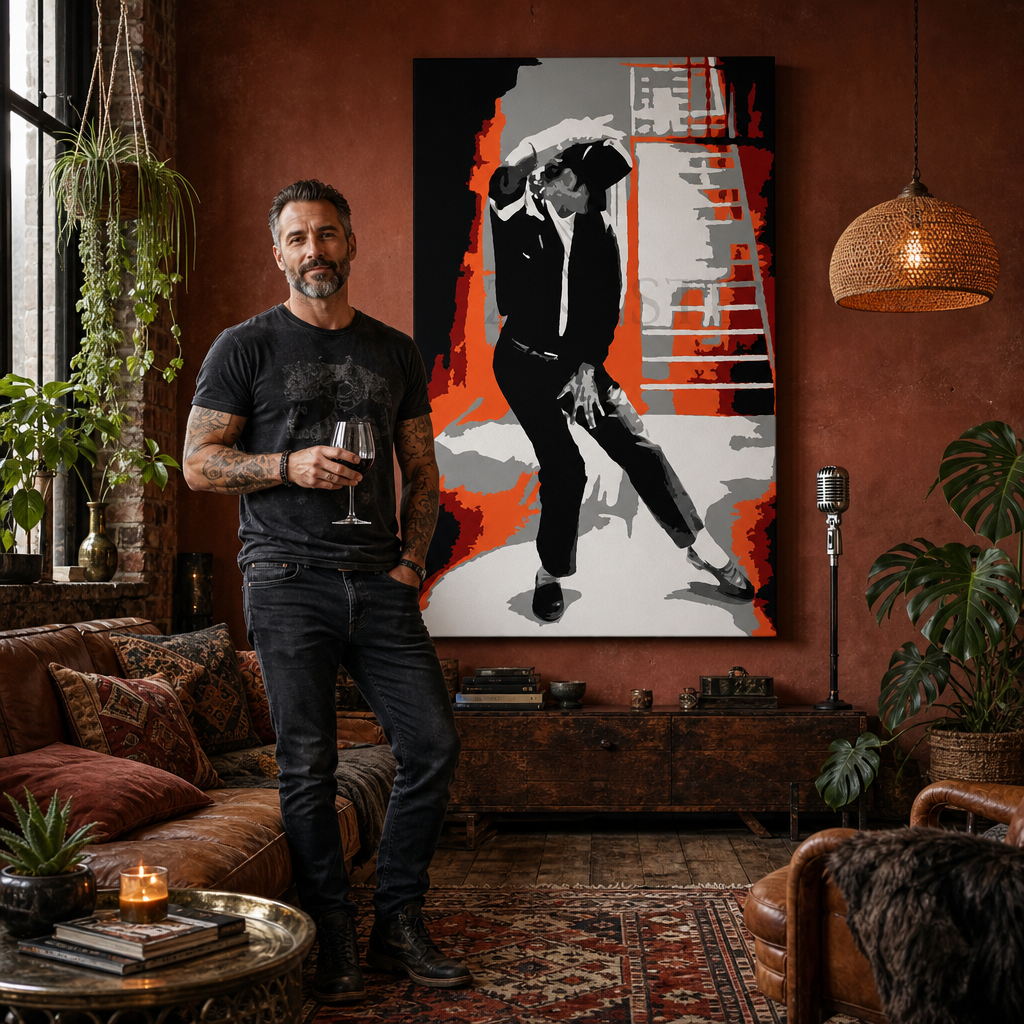 Kézzel festett POP Art festmény Michael Jackson 1 db mj4 – kép modern férfi belső térben, lifestyle vizualizáció. Domináns színek: fekete, piros, narancssárga, fehér, szürke.