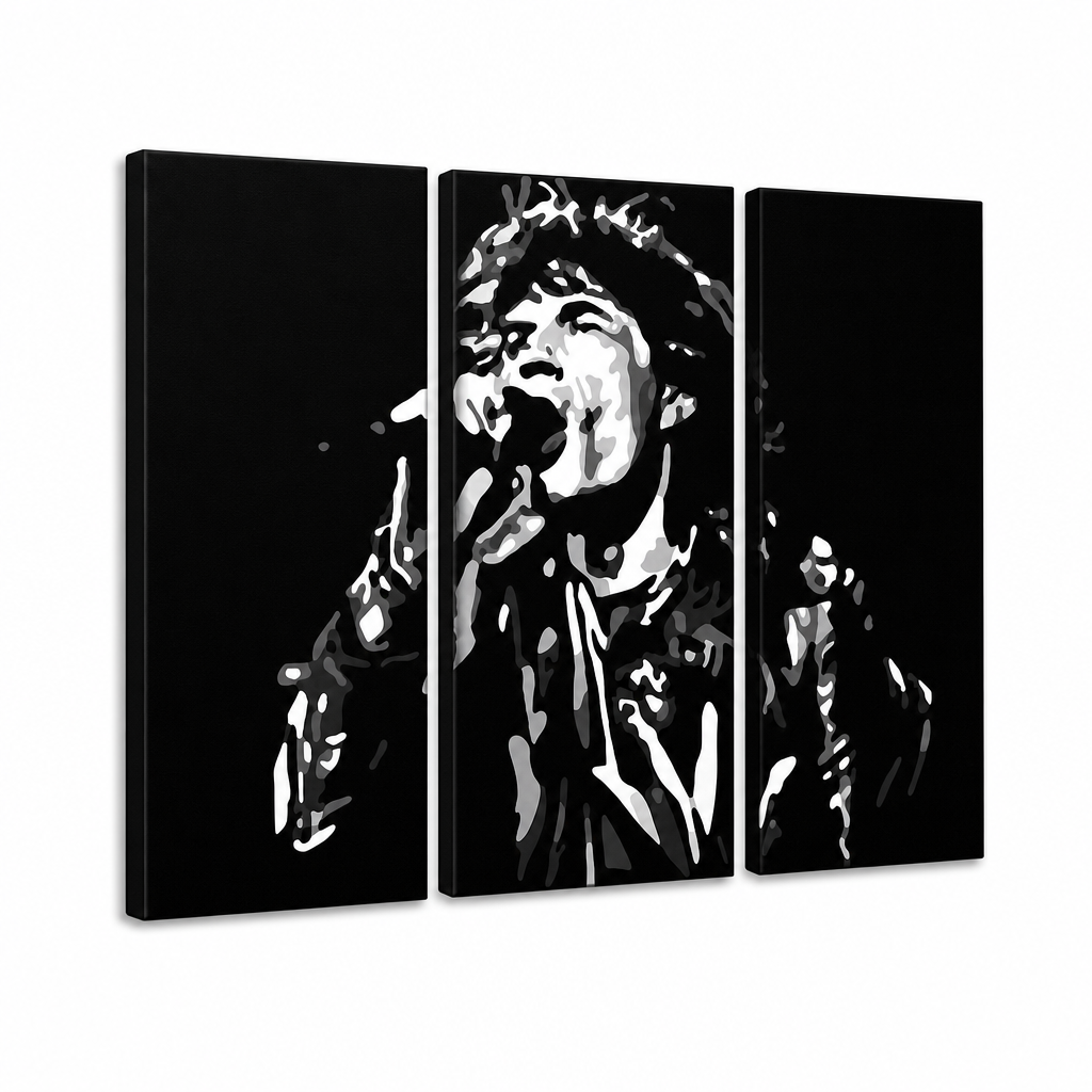 Kézzel festett POP Art festmény Mick Jagger 3 darab mick Jagger – 3D látvány a kézzel festett vászonról fehér háttéren. Domináns színek: fekete, fehér, szürke.