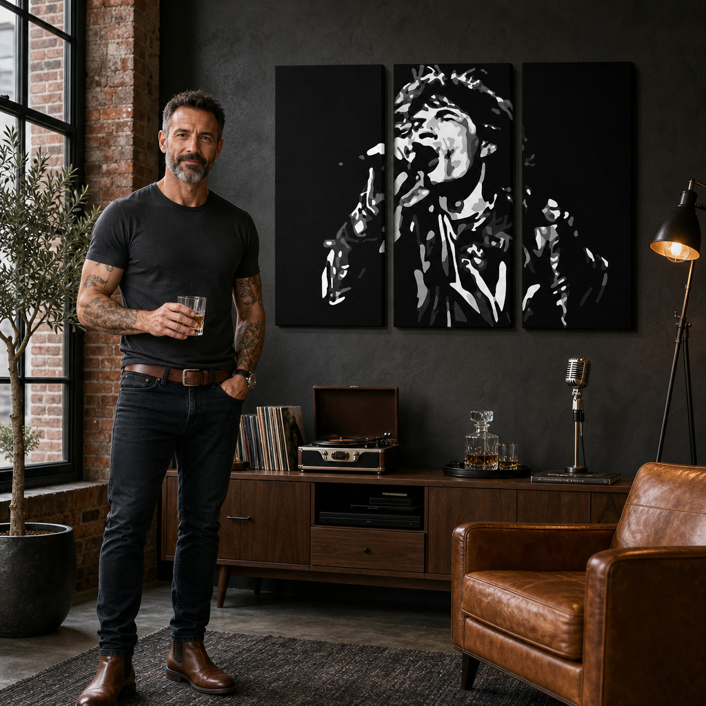 Kézzel festett POP Art festmény Mick Jagger 3 darab mick Jagger – kép modern férfi belső térben, lifestyle vizualizáció. Domináns színek: fekete, fehér, szürke.
