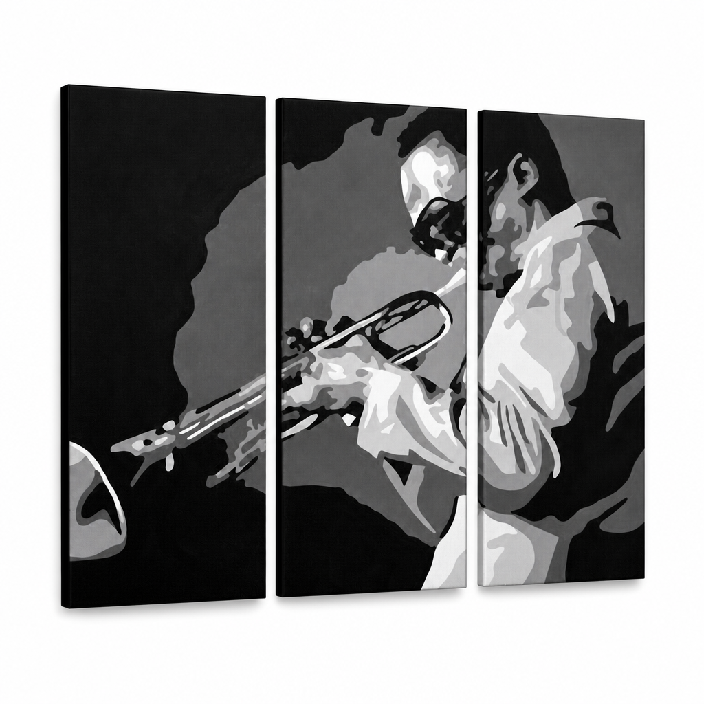 Kézzel festett POP Art festmény Miles Davis 3 db md – 3D látvány a kézzel festett vászonról fehér háttéren. Domináns színek: fekete, fehér, szürke.