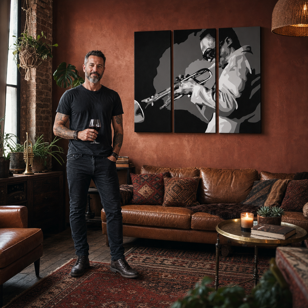 Kézzel festett POP Art festmény Miles Davis 3 db md – kép modern férfi belső térben, lifestyle vizualizáció. Domináns színek: fekete, fehér, szürke.