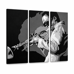 Kézzel festett POP Art festmény Miles Davis 3 db md – 3D látvány a kézzel festett vászonról fehér háttéren. Domináns színek: fekete, fehér, szürke.