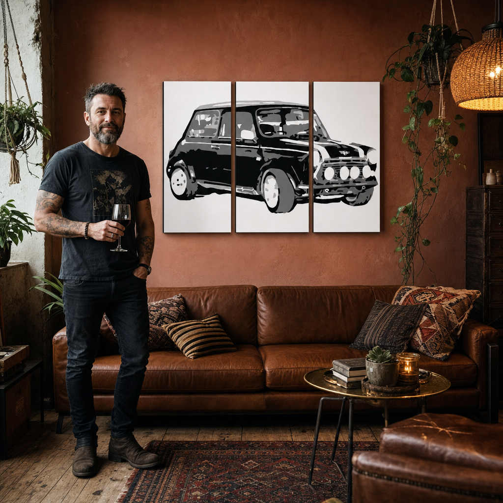 Kézzel festett POP Art festmény MINI COOPER 3 darab mini – kép modern férfi belső térben, lifestyle vizualizáció. Domináns színek: fekete, fehér, szürke.