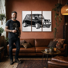 Kézzel festett POP Art festmény MINI COOPER 3 darab mini – kép modern férfi belső térben, lifestyle vizualizáció. Domináns színek: fekete, fehér, szürke.