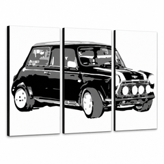 Kézzel festett POP Art festmény MINI COOPER 3 darab mini – 3D látvány a kézzel festett vászonról fehér háttéren. Domináns színek: fekete, fehér, szürke.
