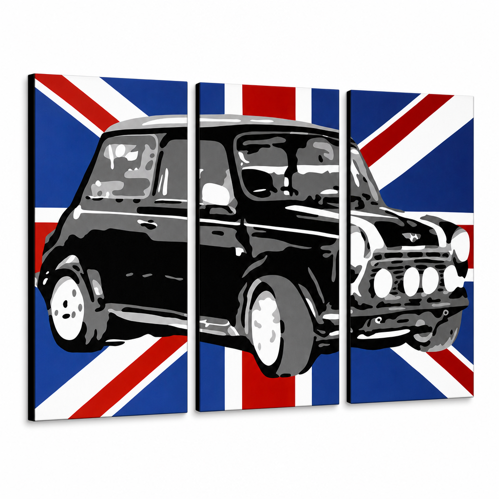 Kézzel festett POP Art festmény MINI COOPER 3 db mini2 – 3D látvány a kézzel festett vászonról fehér háttéren. Domináns színek: fekete, kék, fehér.
