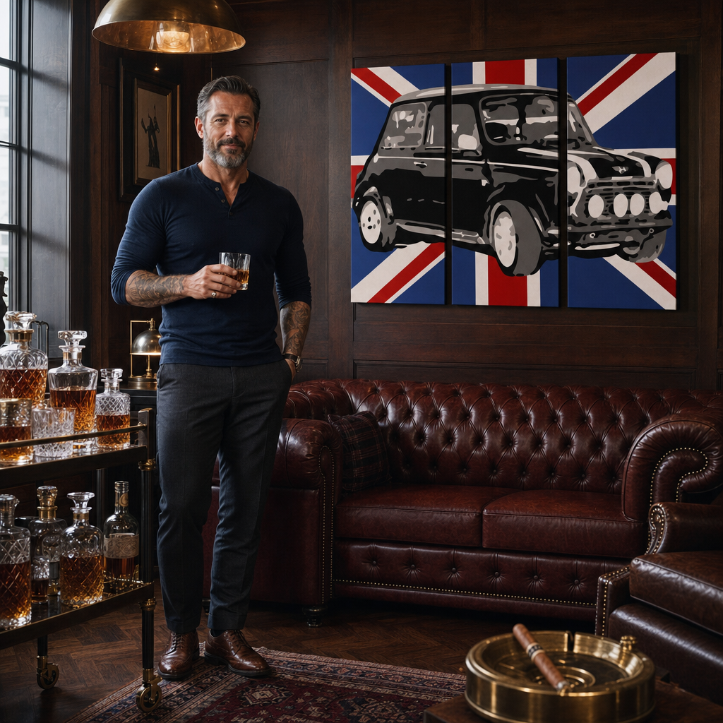 Kézzel festett POP Art festmény MINI COOPER 3 db mini2 – kép modern férfi belső térben, lifestyle vizualizáció. Domináns színek: fekete, kék, fehér.