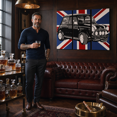 Kézzel festett POP Art festmény MINI COOPER 3 db mini2 – kép modern férfi belső térben, lifestyle vizualizáció. Domináns színek: fekete, kék, fehér.