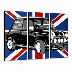 Kézzel festett POP Art festmény MINI COOPER 3 db mini2 – 3D látvány a kézzel festett vászonról fehér háttéren. Domináns színek: fekete, kék, fehér.