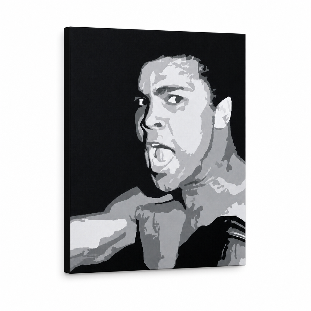 Kézzel festett POP Art festmény Muhamad Ali 1 db ali – 3D látvány a kézzel festett vászonról fehér háttéren. Domináns színek: fekete, szürke, fehér.