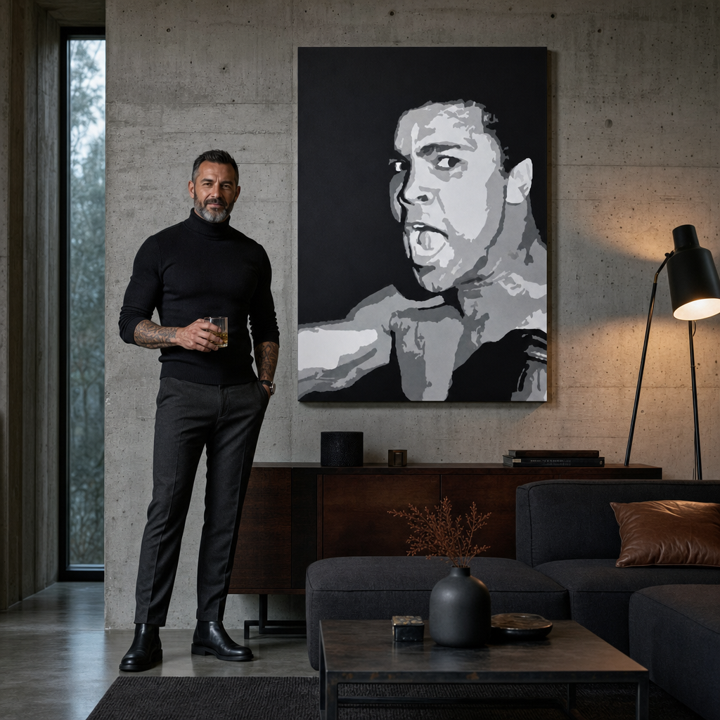 Kézzel festett POP Art festmény Muhamad Ali 1 db ali – kép modern férfi belső térben, lifestyle vizualizáció. Domináns színek: fekete, szürke, fehér.