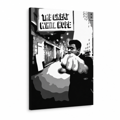 Kézzel festett POP Art festmény Muhamad Ali 1 db ali1 – 3D látvány a kézzel festett vászonról fehér háttéren. Domináns színek: fekete, fehér, szürke.