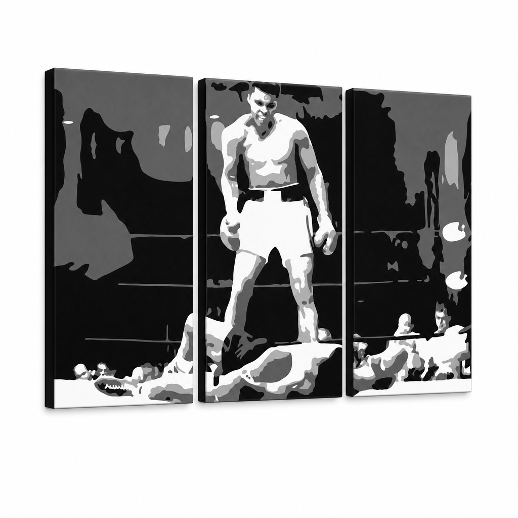 Kézzel festett POP Art festmény Muhamad Ali 3 darab ali2 – 3D látvány a kézzel festett vászonról fehér háttéren. Domináns színek: fekete, fehér, szürke.