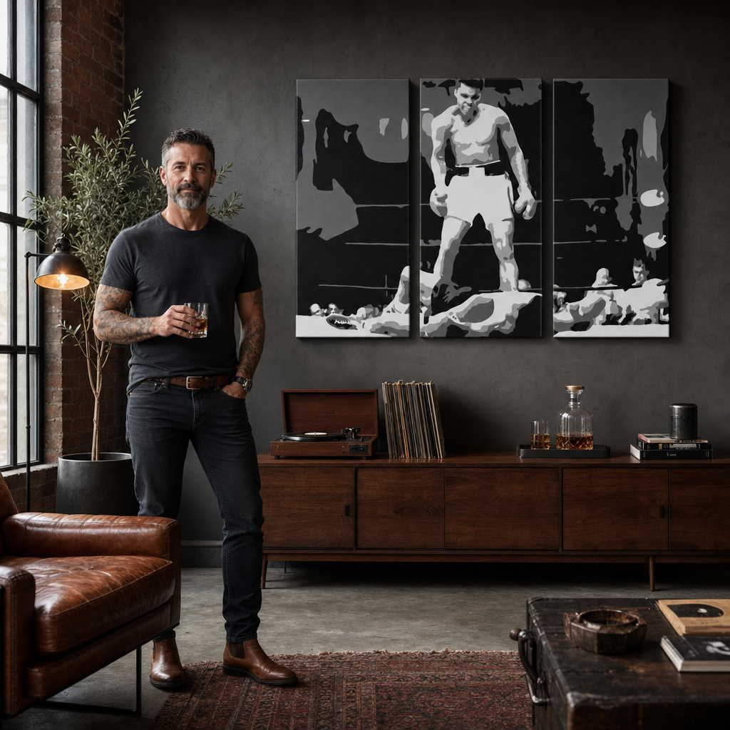 Kézzel festett POP Art festmény Muhamad Ali 3 darab ali2 – kép modern férfi belső térben, lifestyle vizualizáció. Domináns színek: fekete, fehér, szürke.