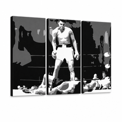 Kézzel festett POP Art festmény Muhamad Ali 3 darab ali2 – 3D látvány a kézzel festett vászonról fehér háttéren. Domináns színek: fekete, fehér, szürke.