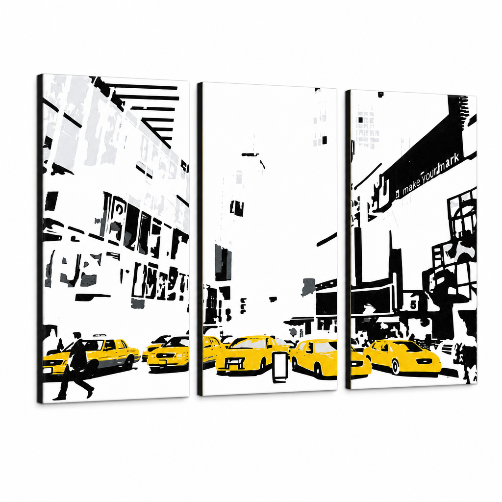 Kézzel festett POP Art festmény NEW YORK 3 darab 0107 nyc – 3D látvány a kézzel festett vászonról fehér háttéren. Domináns színek: sárga, fekete, fehér.