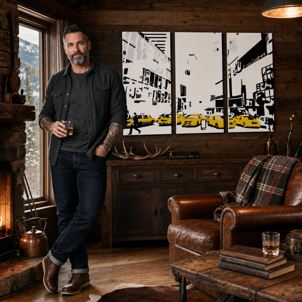 Kézzel festett POP Art festmény NEW YORK 3 darab 0107 nyc – kép modern férfi belső térben, lifestyle vizualizáció. Domináns színek: sárga, fekete, fehér.