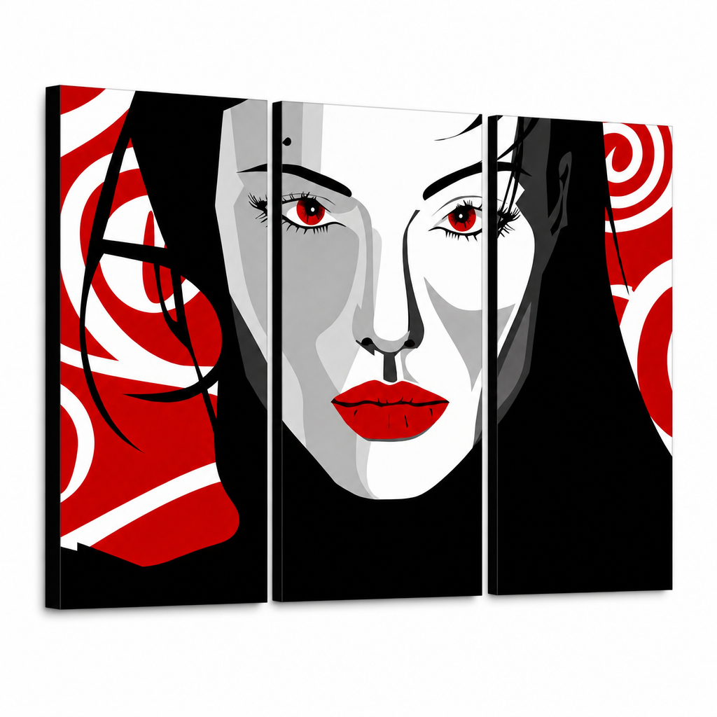 Kézzel festett POP Art festmény Nice WOMAN 3 darab nwoman – 3D látvány a kézzel festett vászonról fehér háttéren. Domináns színek: fekete, piros, fehér.