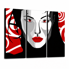 Kézzel festett POP Art festmény Nice WOMAN 3 darab nwoman – 3D látvány a kézzel festett vászonról fehér háttéren. Domináns színek: fekete, piros, fehér.