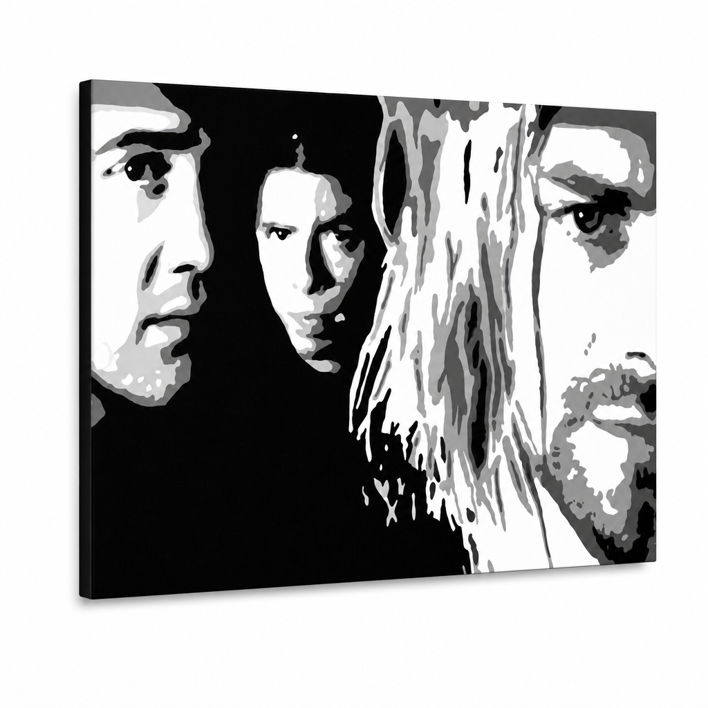 Kézzel festett POP Art festmény Nirvana 1 db nir – 3D látvány a kézzel festett vászonról fehér háttéren. Domináns színek: fekete, fehér, szürke.