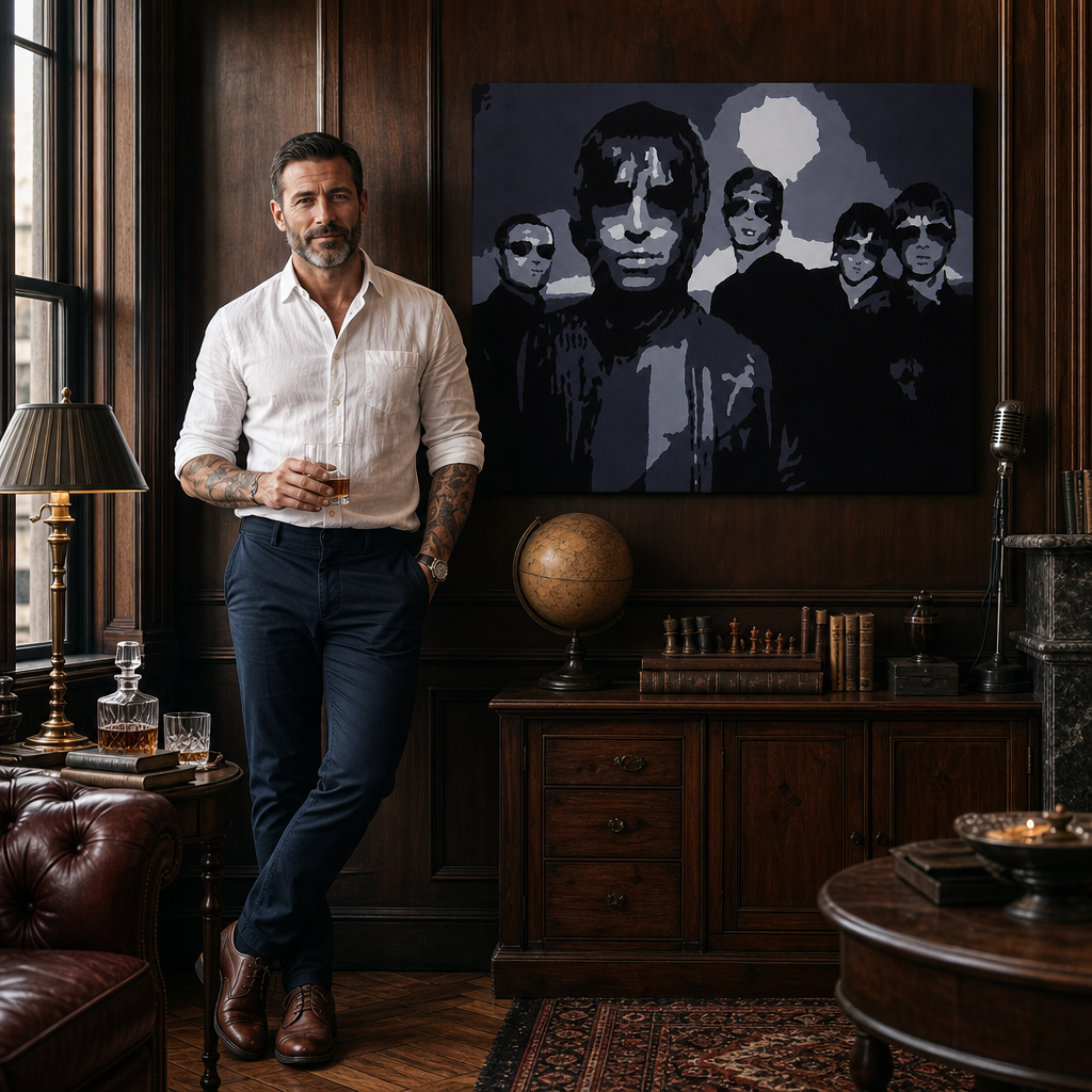 Kézzel festett POP Art festmény Oasis 1 db oa – kép modern férfi belső térben, lifestyle vizualizáció. Domináns színek: fekete, szürke, fehér.