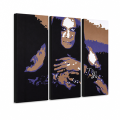 Kézzel festett POP Art festmény Ozzy Osbourne 3 darab Ozz – 3D látvány a kézzel festett vászonról fehér háttéren. Domináns színek: fekete, lila, barna, fehér, kék.