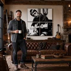 Kézzel festett POP Art festmény Paul Weller 4 darab pwl – kép modern férfi belső térben, lifestyle vizualizáció. Domináns színek: fekete, fehér, szürke.