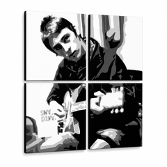 Kézzel festett POP Art festmény Paul Weller 4 darab pwl – 3D látvány a kézzel festett vászonról fehér háttéren. Domináns színek: fekete, fehér, szürke.