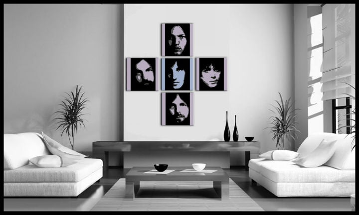 Pop art vászonkép motívummal: Pink Floyd 4 részes pf, természet fehér-kék árnyalatokban felakasztva az enteriőrben iroda számára, zenei történelem – enteriőr
