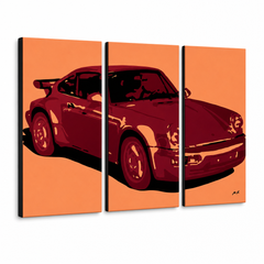 Kézzel festett POP Art festmény PORSCHE 911 3 darab por – 3D látvány a kézzel festett vászonról fehér háttéren. Domináns színek: narancssárga, piros, fekete.