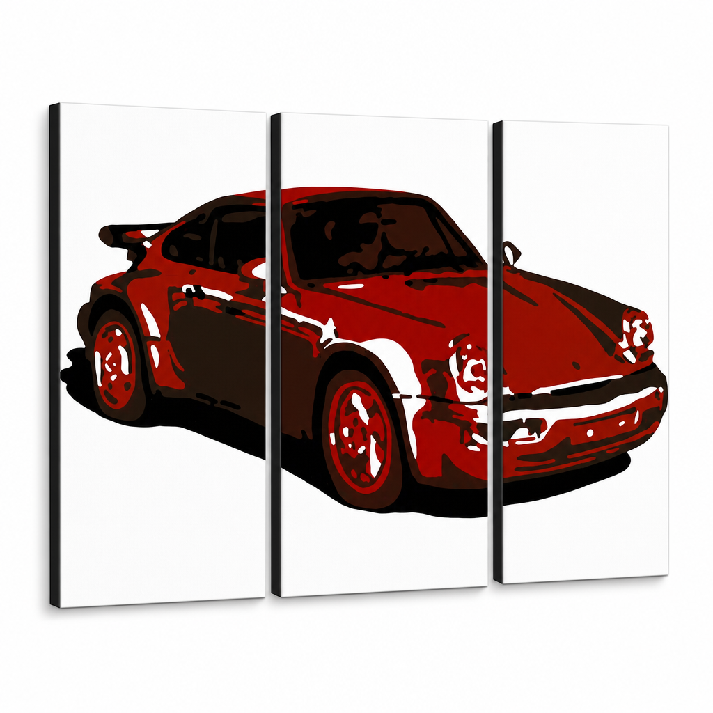 Kézzel festett POP Art festmény PORSCHE 911 3 darab por2 – 3D látvány a kézzel festett vászonról fehér háttéren. Domináns színek: piros, fekete, fehér.