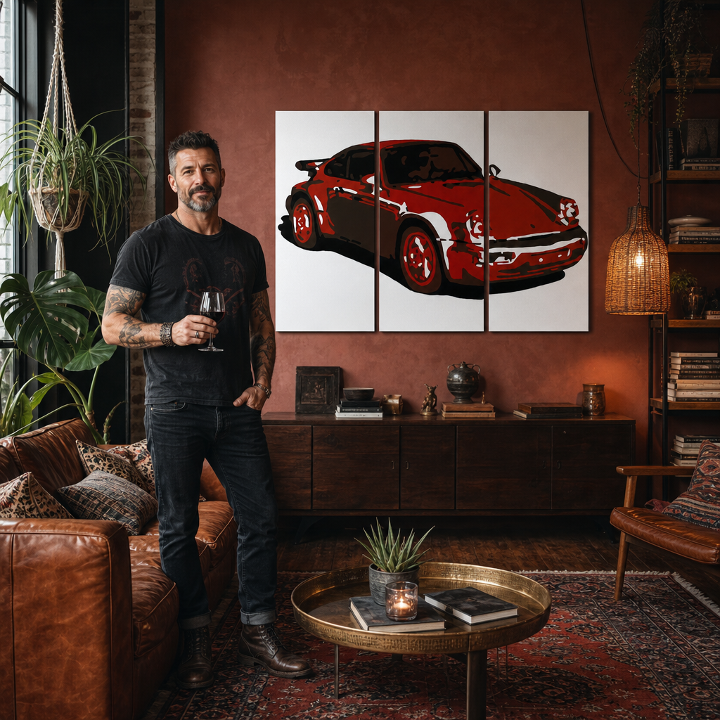 Kézzel festett POP Art festmény PORSCHE 911 3 darab por2 – kép modern férfi belső térben, lifestyle vizualizáció. Domináns színek: piros, fekete, fehér.