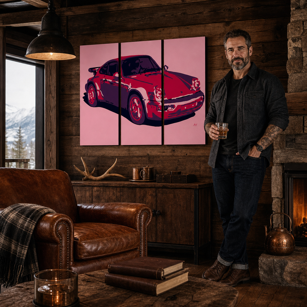 Kézzel festett POP Art festmény PORSCHE 911 3 darab por3 – kép modern férfi belső térben, lifestyle vizualizáció. Domináns színek: piros, rózsaszín, fekete.
