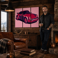 Kézzel festett POP Art festmény PORSCHE 911 3 darab por3 – kép modern férfi belső térben, lifestyle vizualizáció. Domináns színek: piros, rózsaszín, fekete.