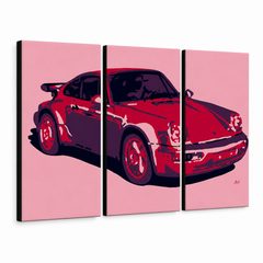 Kézzel festett POP Art festmény PORSCHE 911 3 darab por3 – 3D látvány a kézzel festett vászonról fehér háttéren. Domináns színek: piros, rózsaszín, fekete.