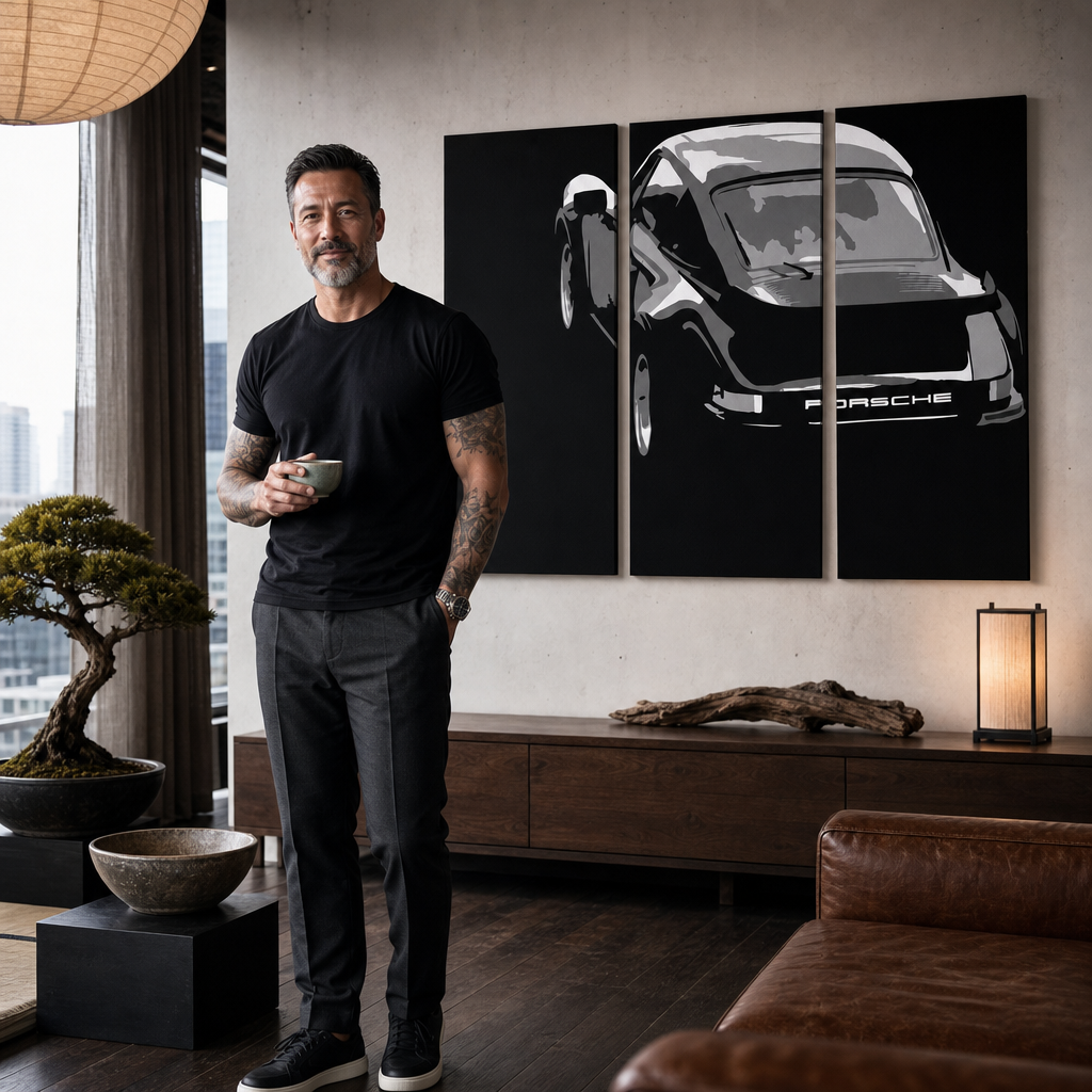 Kézzel festett POP Art festmény PORSCHE 911 3 darab por4 – kép modern férfi belső térben, lifestyle vizualizáció. Domináns színek: fekete, fehér, szürke.