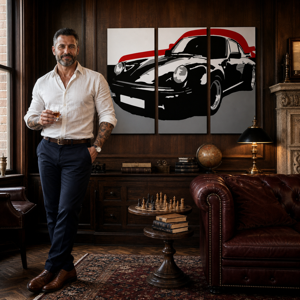 Kézzel festett POP Art festmény PORSCHE 911 3 darab por5 – kép modern férfi belső térben, lifestyle vizualizáció. Domináns színek: fekete, piros, szürke.