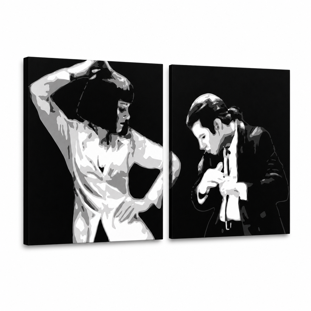 Kézzel festett POP Art festmény Pulp Fiction 2 darab pulp3 – 3D látvány a kézzel festett vászonról fehér háttéren. Domináns színek: fekete, fehér, szürke.