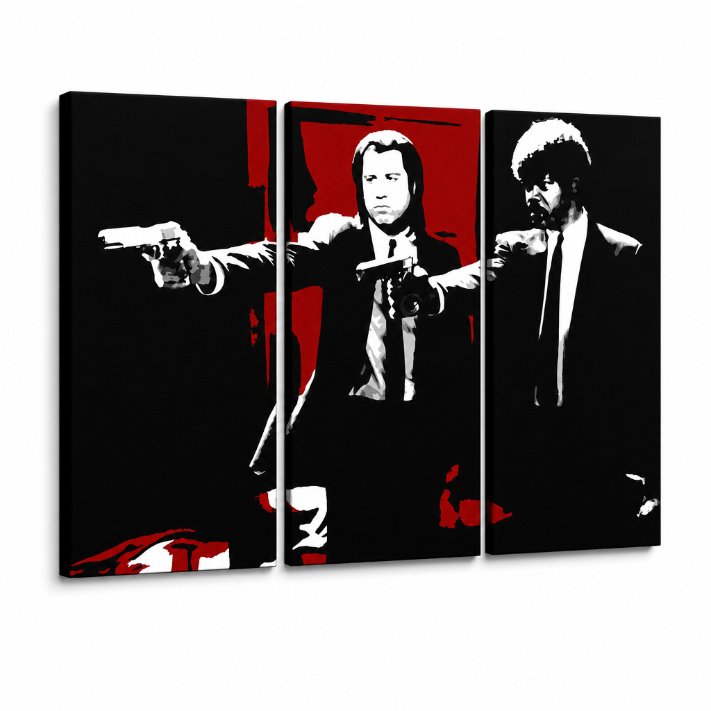 Kézzel festett POP Art festmény Pulp Fiction 3 darab pulp5 – 3D látvány a kézzel festett vászonról fehér háttéren. Domináns színek: fekete, piros, fehér.