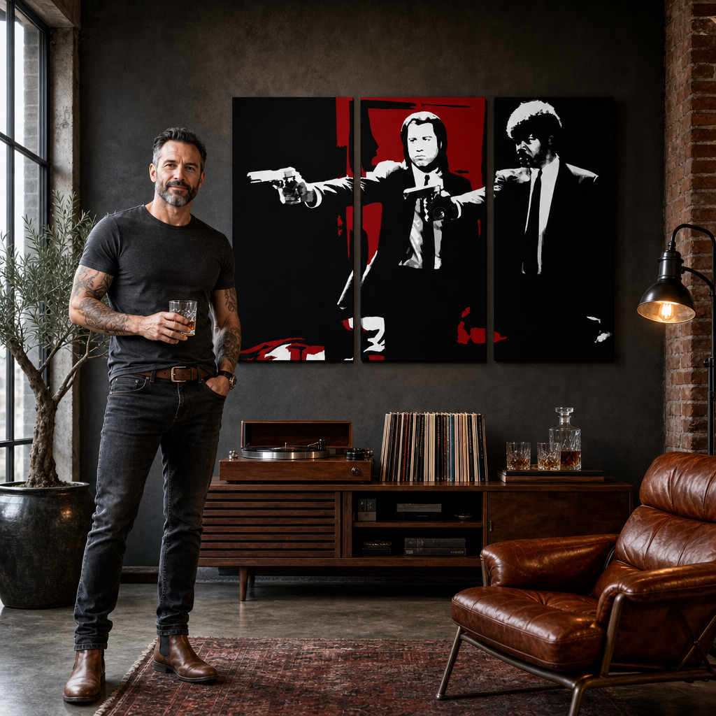 Kézzel festett POP Art festmény Pulp Fiction 3 darab pulp5 – kép modern férfi belső térben, lifestyle vizualizáció. Domináns színek: fekete, piros, fehér.