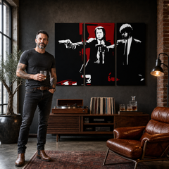 Kézzel festett POP Art festmény Pulp Fiction 3 darab pulp5 – kép modern férfi belső térben, lifestyle vizualizáció. Domináns színek: fekete, piros, fehér.